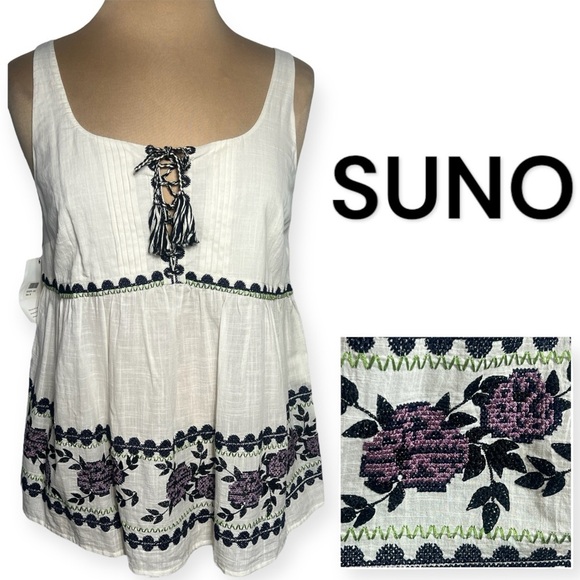 Suno boho embroidered tank top ivory with purple flowers size 10 - Picture 1 of 12
